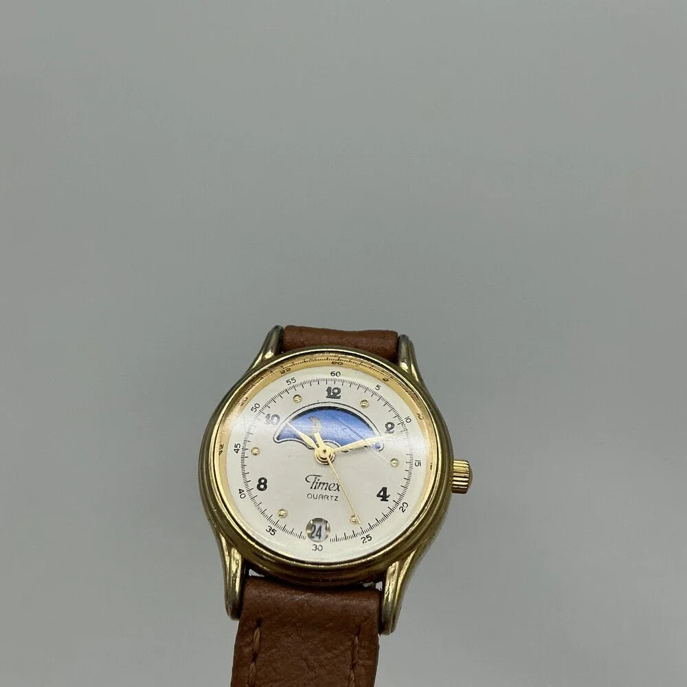 Vintage Timex Womens Watch 24mm Moon Phase Date Brown Leather New Battery